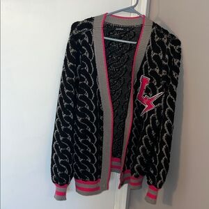Black and Gray Letterman Style Cardigan with Pink Accents